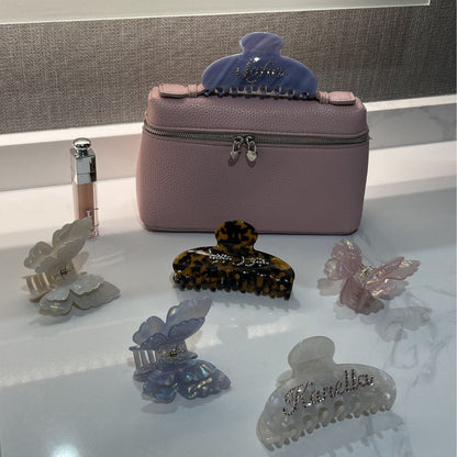 butterfly hair clips styled with vanity bag iridescent acetate kanella