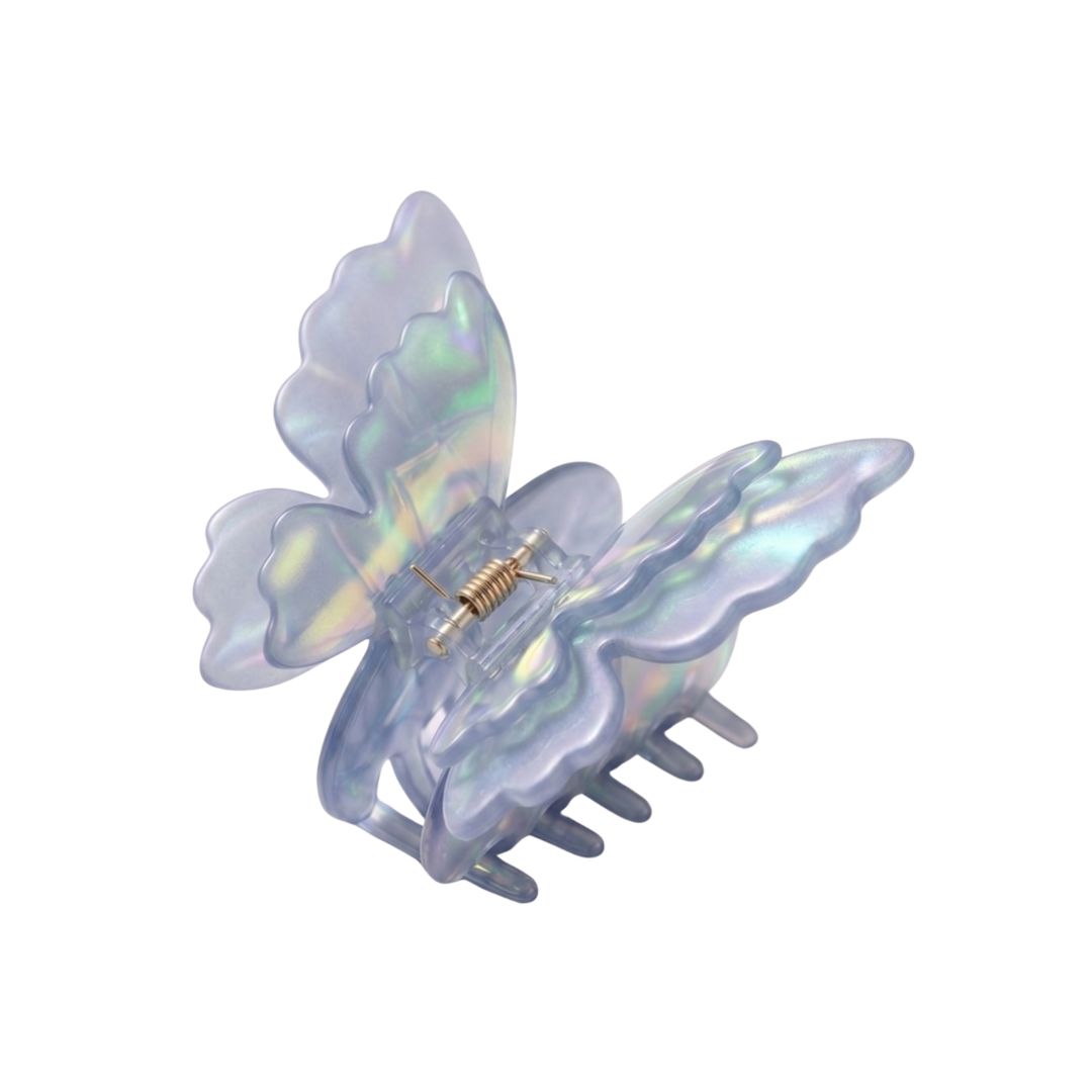 blue glass butterfly hair clip iridescent acetate close up kanella london