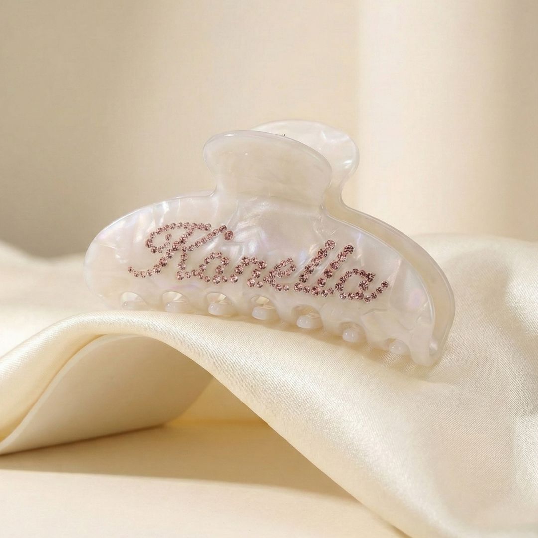 kanella signature personalised hair clip flat lay beige silk