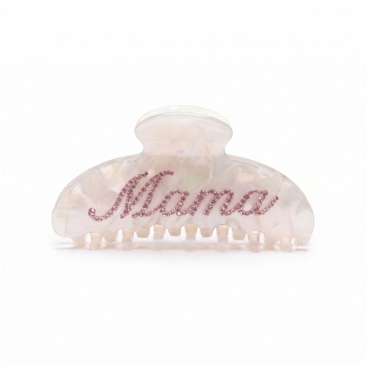 mama hair clip in iridescent pearl acetate with hand-set rosé pink crystal "mama" script, kanella claw clip gift for mums