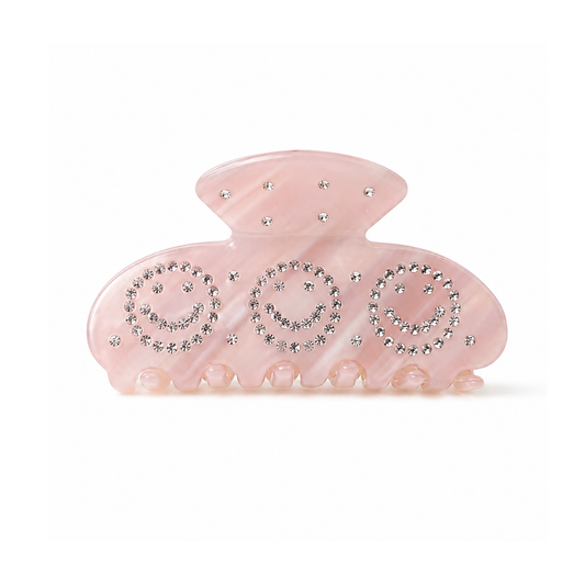 Sunny Clip by Kanella - blush pink double-sided acetate hair claw clip with crystal smiley faces